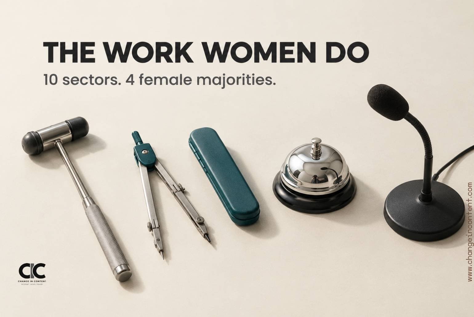 Editorial still life of tools associated with healthcare, education, consumer service and public communication, beneath “The work women do”.