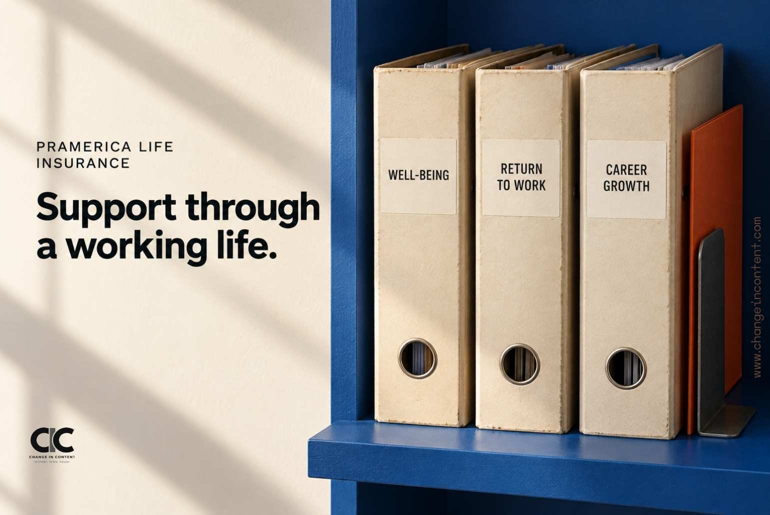 Conceptual folders labelled well-being, return to work and career growth accompany a headline about Pramerica Life Insurance’s workplace support.