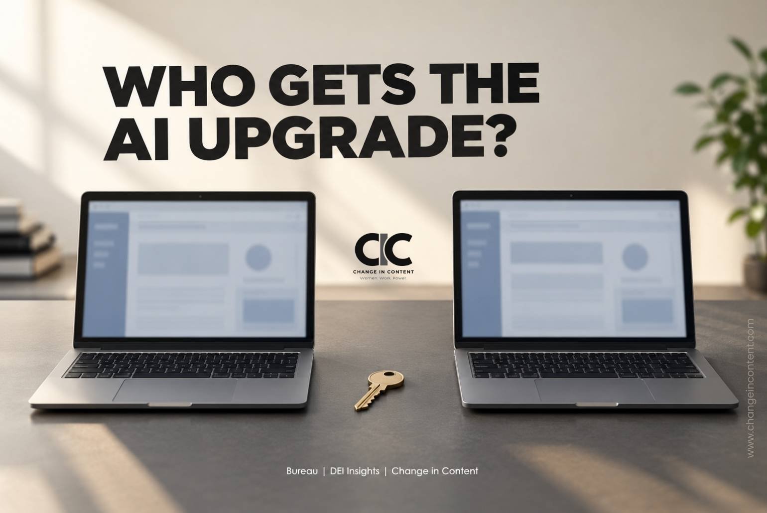 Two identical laptops with a single key between them, illustrating access to workplace AI.