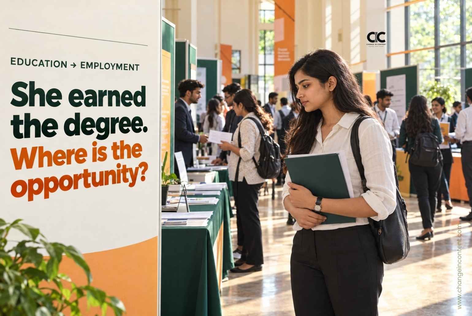A young woman with a document folder at an illustrated Indian campus placement fair. Text asks where opportunity follows a degree.