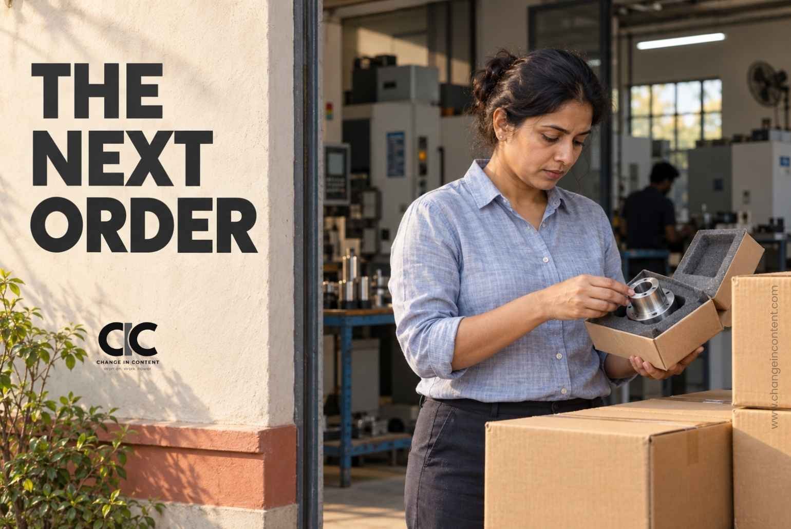 Illustrative scene of a woman entrepreneur checking a parcel at a small workshop, with the words “The next order”.