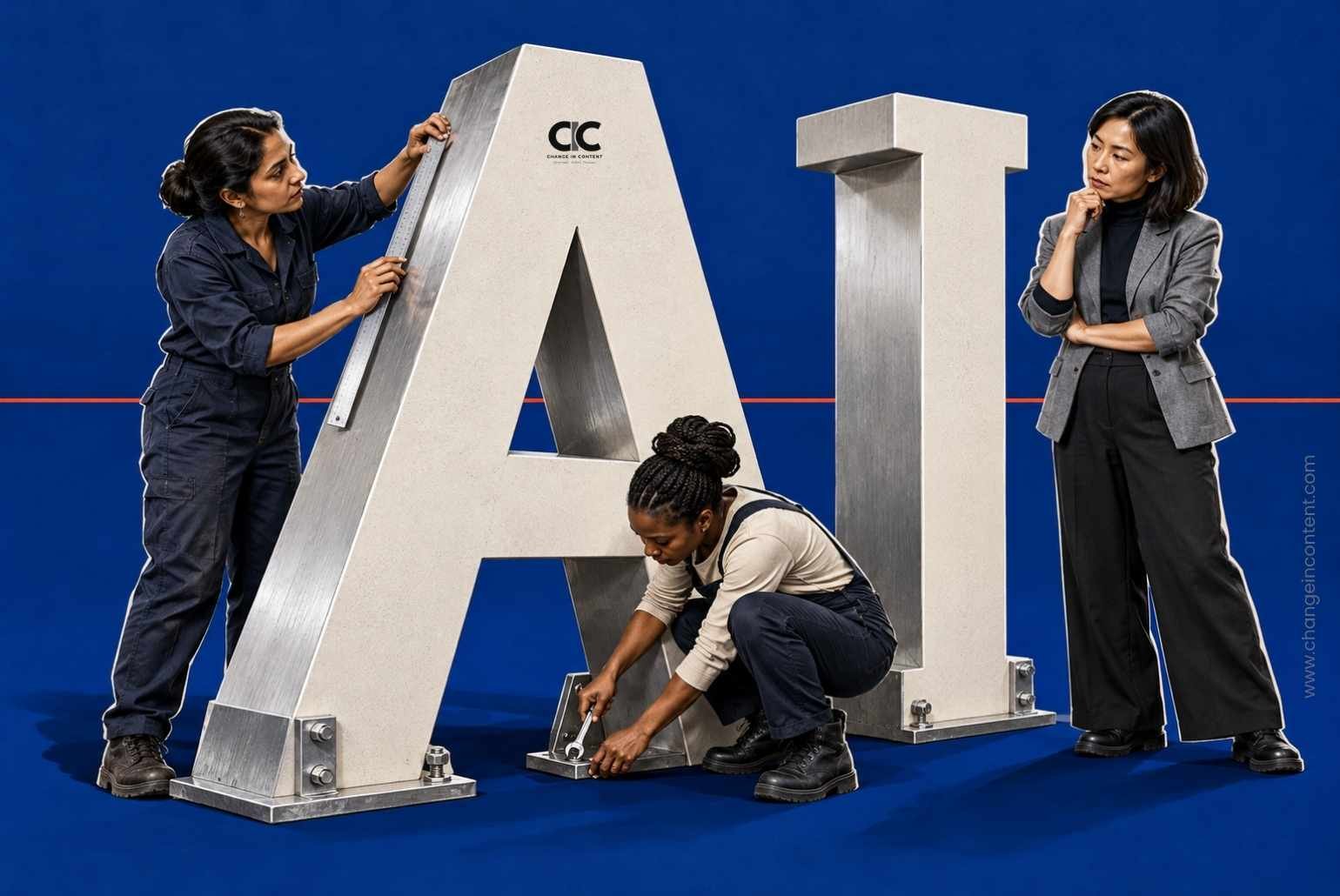 Editorial collage of three women assembling and inspecting oversized AI letters against a blue background.