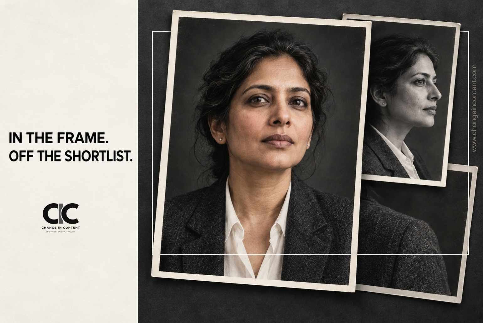 Editorial montage of differently cropped portraits of the same woman, with the words “In the frame. Off the shortlist.”