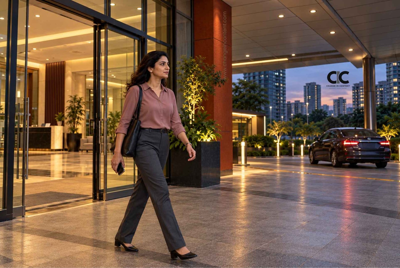 Conceptual illustration of an Indian professional walking from an office entrance towards a lit pickup area at dusk.