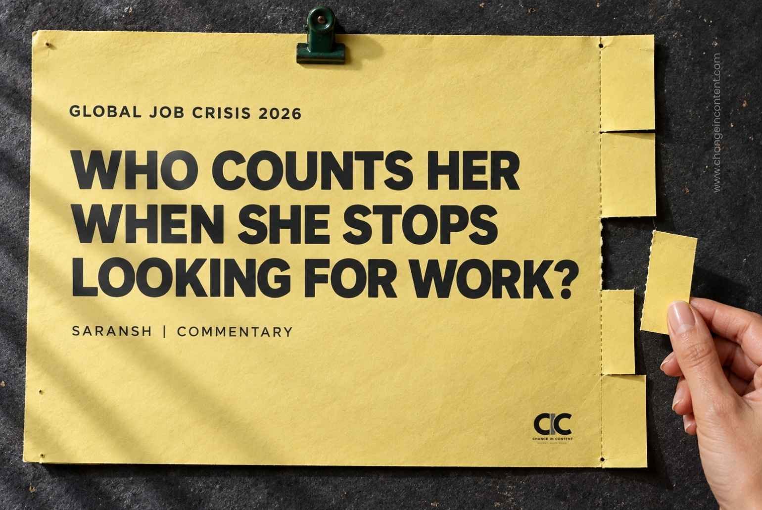 Editorial illustration of a woman holding a detached paper tab beside the headline “Who counts her when she stops looking for work?”