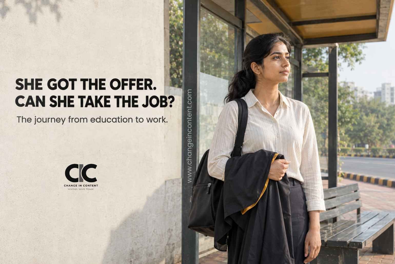 Fictional illustration of a graduate at a bus shelter beside the question “She got the offer. Can she take the job?”