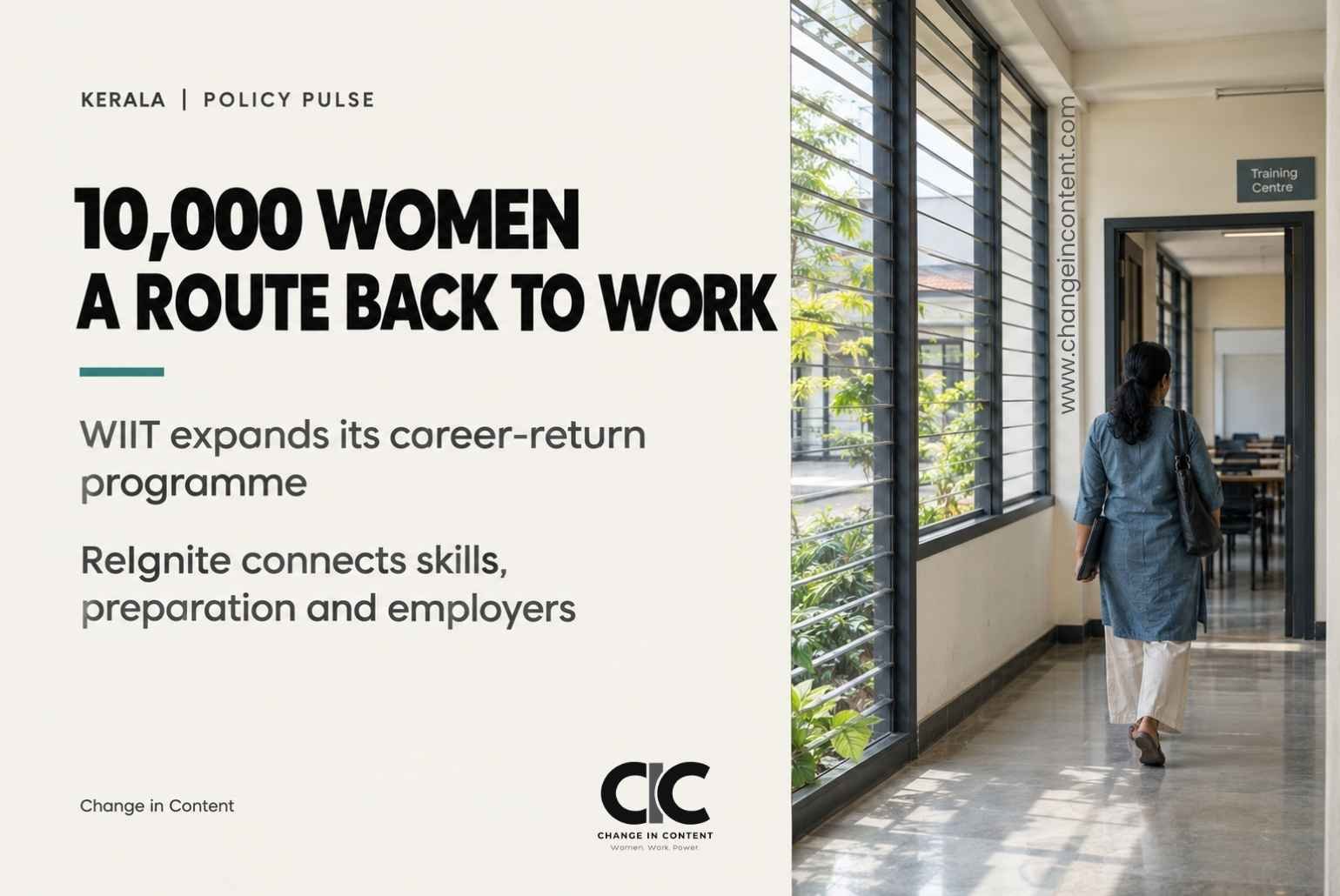 News cover about WIIT’s Kerala programme targeting 10,000 women’s career returns, beside a conceptual image of a woman entering a training centre.