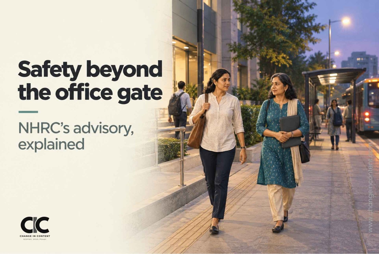 Editorial illustration of women walking from an office towards public transport, with the headline “Safety beyond the office gate”.